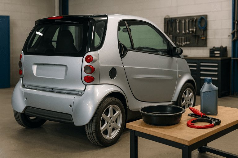 Smart Fortwo CDI (OM660) diesel parked in a well-lit garage with oil tools nearby — feature image for oil specifications and maintenance guide.