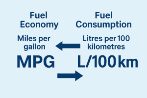 Diagram comparing fuel economy in miles per gallon (MPG) with fuel consumption in litres per 100 kilometres (L/100 km), using arrows pointing in opposite directions to illustrate their inverse relationship.