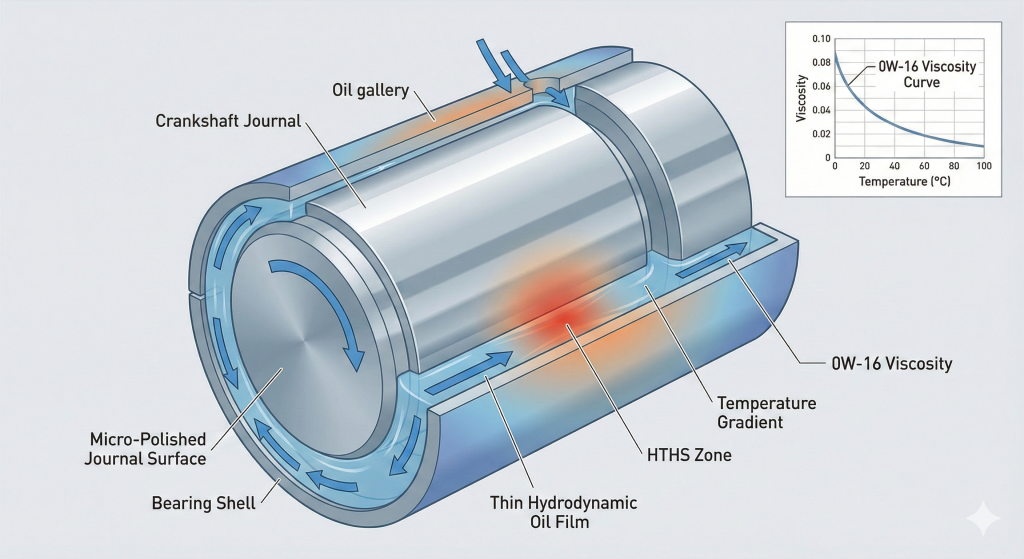 Cutaway diagram of a crankshaft journal showing a thin hydrodynamic oil film, temperature gradient, and oil flow behavior using ultra-low viscosity 0W-16 engine oil.