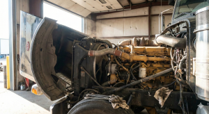 A detailed view of a large, dirty diesel truck engine with the dark hood of a Peterbilt semi-truck tilted forward, parked inside a large repair garage with an open bay door.