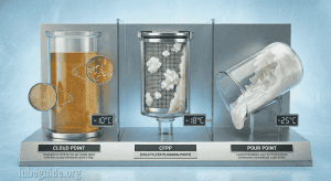 Diagram illustrating cloud point, CFPP, and pour point in diesel fuel, showing wax crystal formation, fuel filter plugging, and loss of bulk fuel flow at progressively lower temperatures.