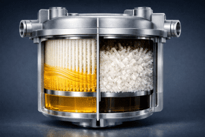 Split-view cross-section of a diesel fuel filter showing normal fuel flow versus winter wax crystal clogging that blocks diesel fuel flow