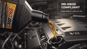 AMSOIL Signature Series 0W-40 synthetic motor oil being poured into a V8 engine for MS-12633 specification vehicles.