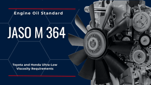 JASO M364 engine oil standard graphic showing ultra-low viscosity requirements for modern Toyota and Honda engines with engine fan illustration